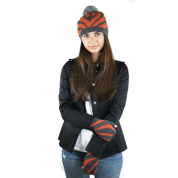 Portolano Cashmere Zebra Slouchy Hat With Pom Pom- Dark Grey, Orange - Picture 3 of 4